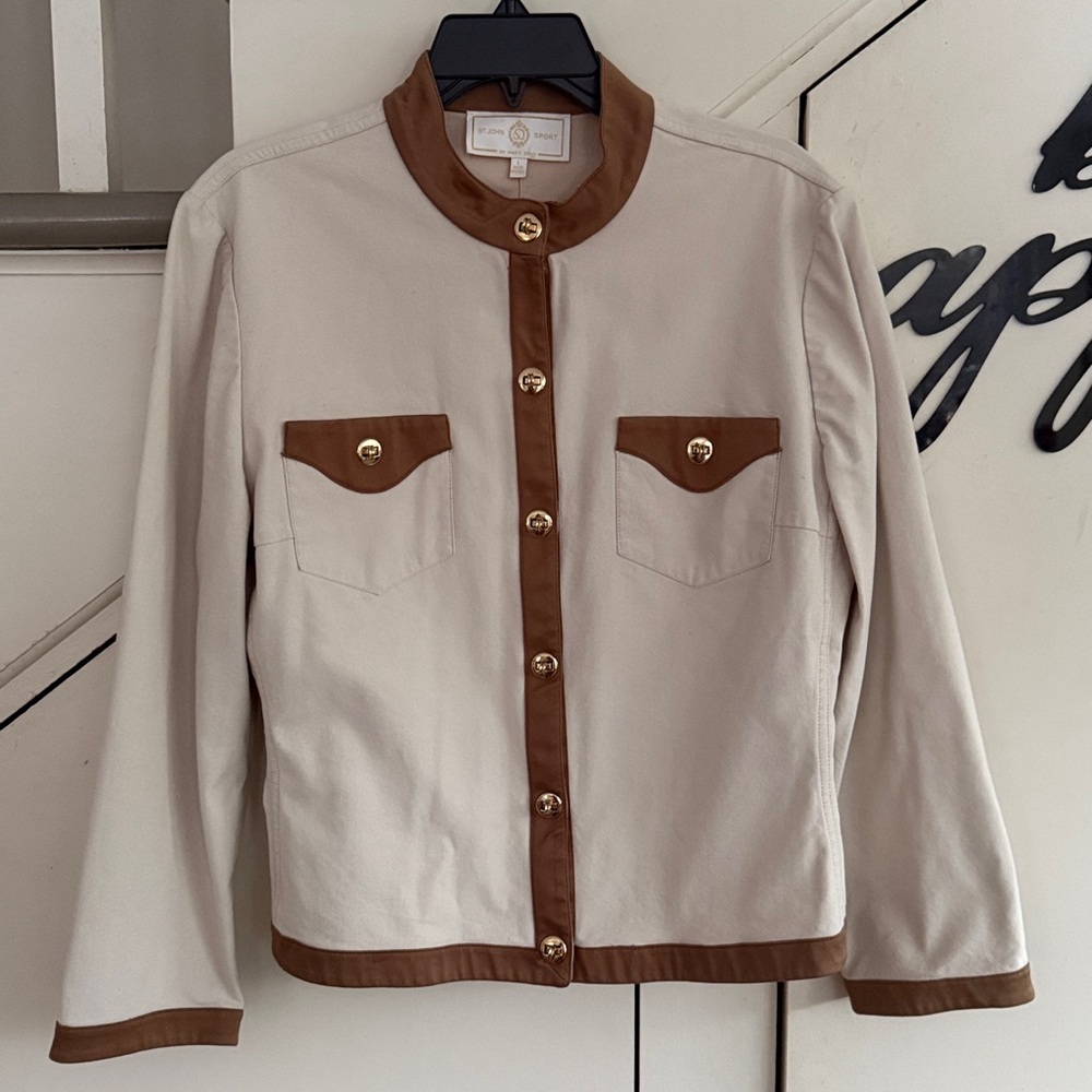VINTAGE St. John TAN/Caramel Trim stretch Cotton Jacket Metal toggle EUC US L